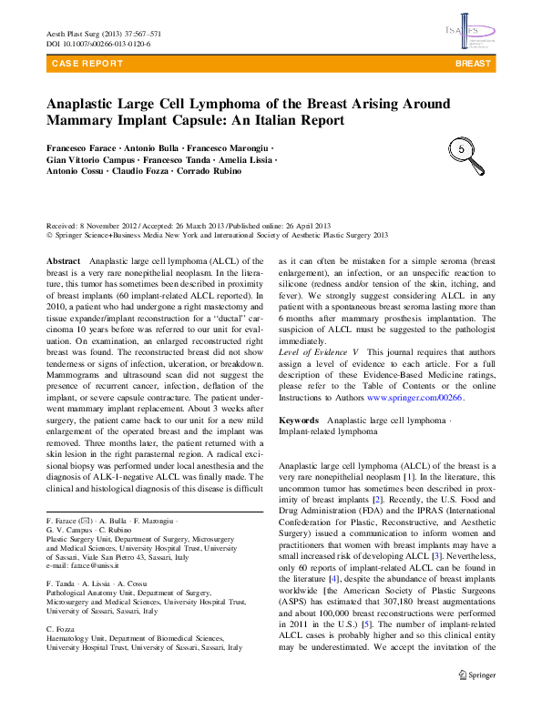 (PDF) Anaplastic Large Cell Lymphoma of the Breast Arising Around ...