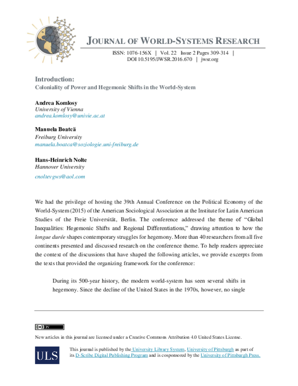 (PDF) Coloniality of Power and Hegemonic Shifts in the World-System