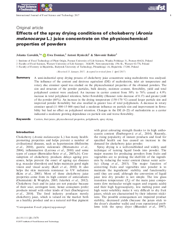 (PDF) Effects of the spray drying conditions of chokeberry (Aronia ...