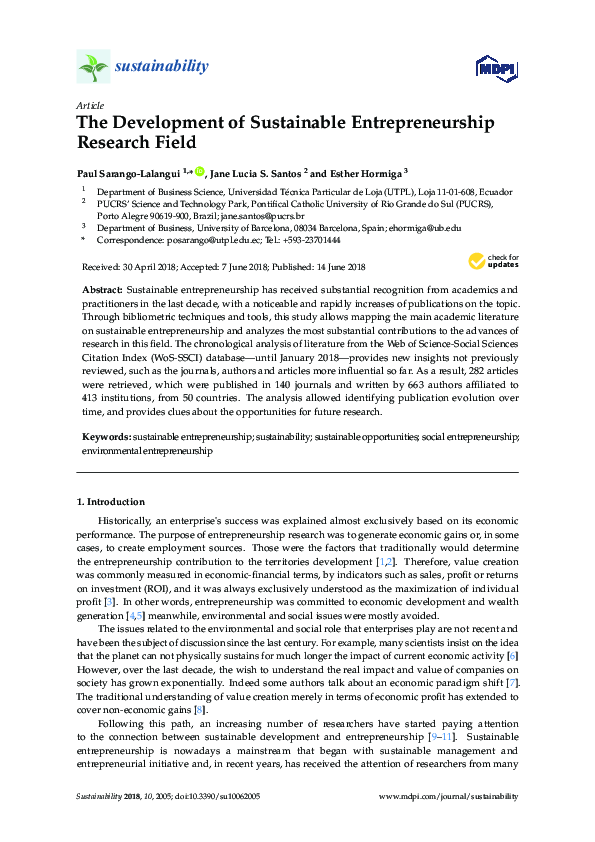 (PDF) The Development of Sustainable Entrepreneurship Research Field