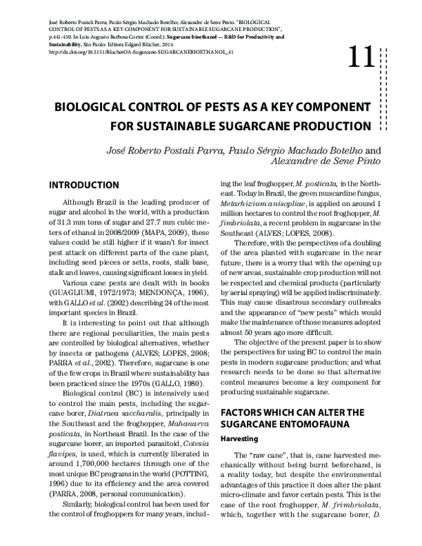 (PDF) Biological Control of Pests as a Key Component for Sustainable Sugarcane Production