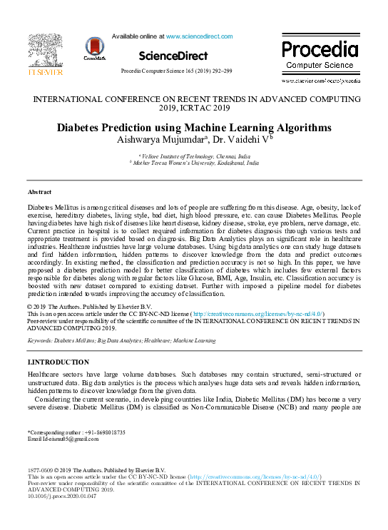 (PDF) Diabetes Prediction using Machine Learning Algorithms