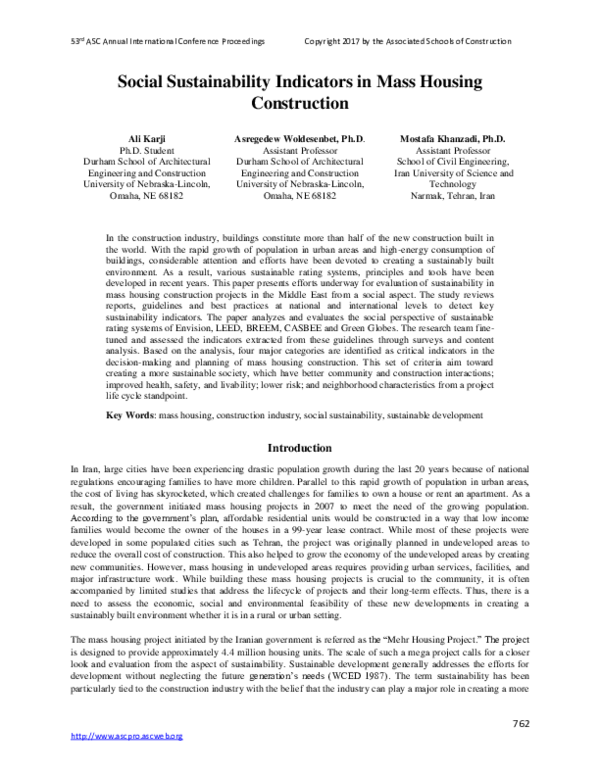 (PDF) Social Sustainability Indicators in Mass Housing Construction