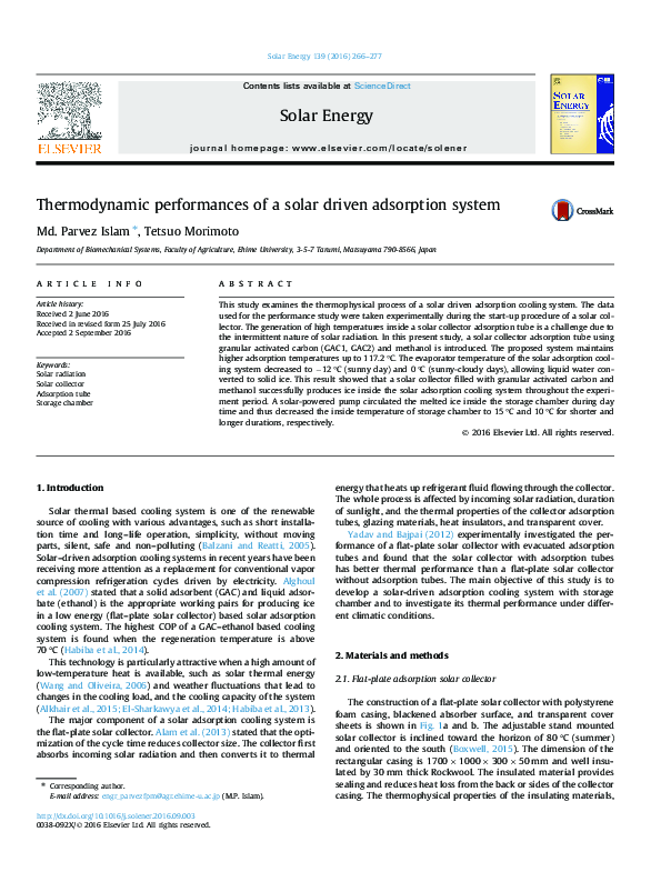 (PDF) Thermodynamic performances of a solar driven adsorption system
