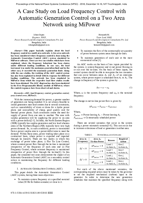 (PDF) A Case Study on Load Frequency Control with Automatic Generation ...
