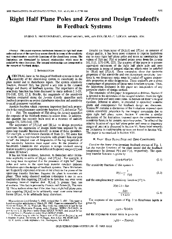 (PDF) Right half plane poles and zeros and design tradeoffs in feedback