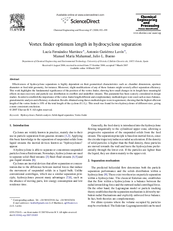 (PDF) Vortex finder optimum length in hydrocyclone separation