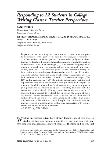 PDF) Responding to L2 Students in College Writing Classes: Teacher