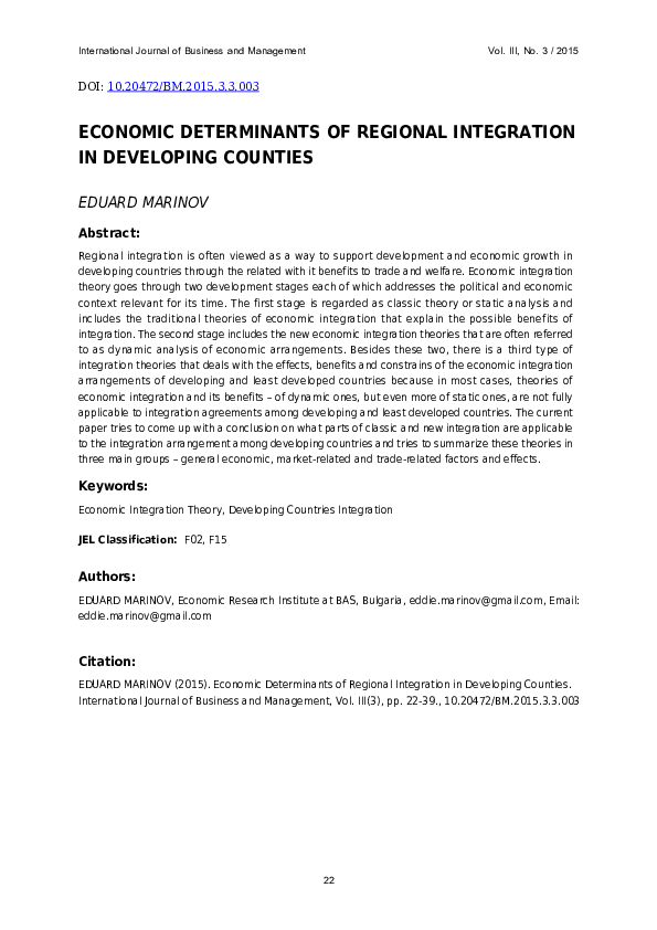 (PDF) Economic Determinants of Regional Integration in Developing Counties
