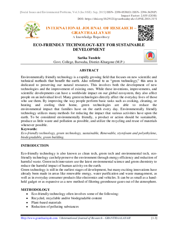 (PDF) Eco-Friendly Technology-Key for Sustainable Development