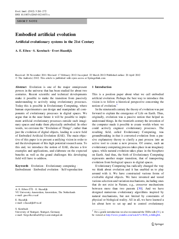 (PDF) Embodied artificial evolution