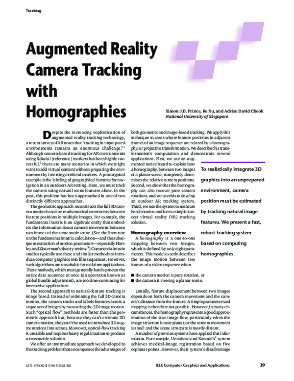 (PDF) Augmented Reality Camera Tracking With Homographies