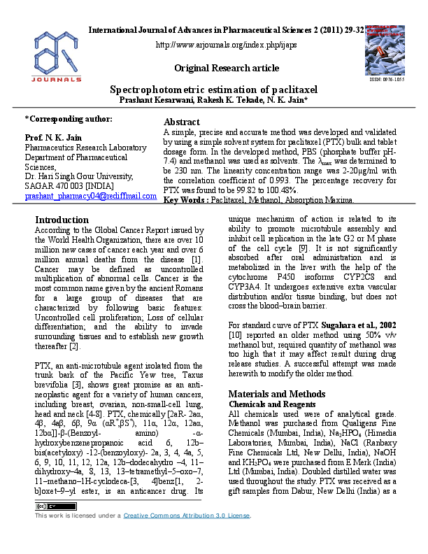 (PDF) Spectrophotometric estimation of paclitaxel RAKESH K TEKADE