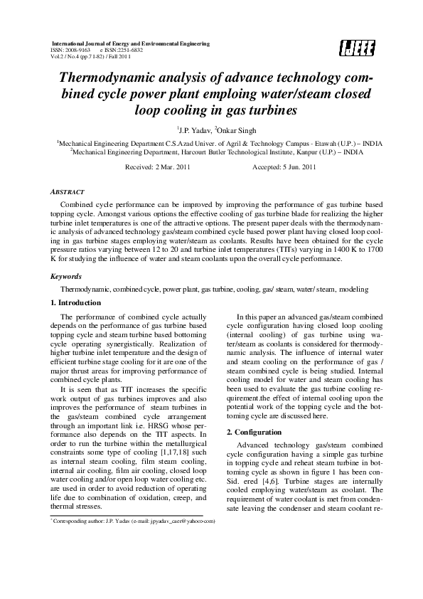 (PDF) Thermodynamic Analysis of Advance Technology Combined Cycle Power ...