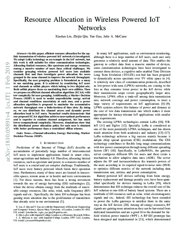 (PDF) Resource Allocation in IoT networks using Wireless Power Transfer