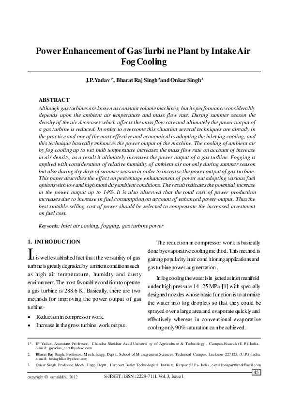 (PDF) Power Enhancement of Gas Turbine Plant by Intake Air Fog Cooling