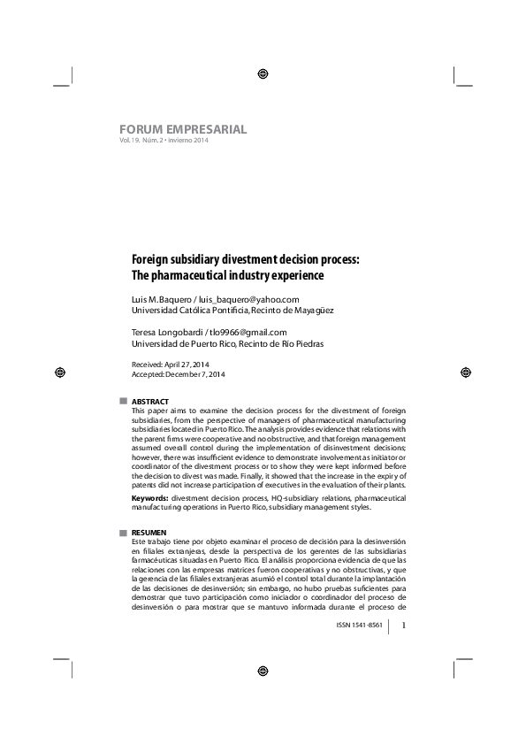 (PDF) Foreign subsidiary divestment decision process: The ...