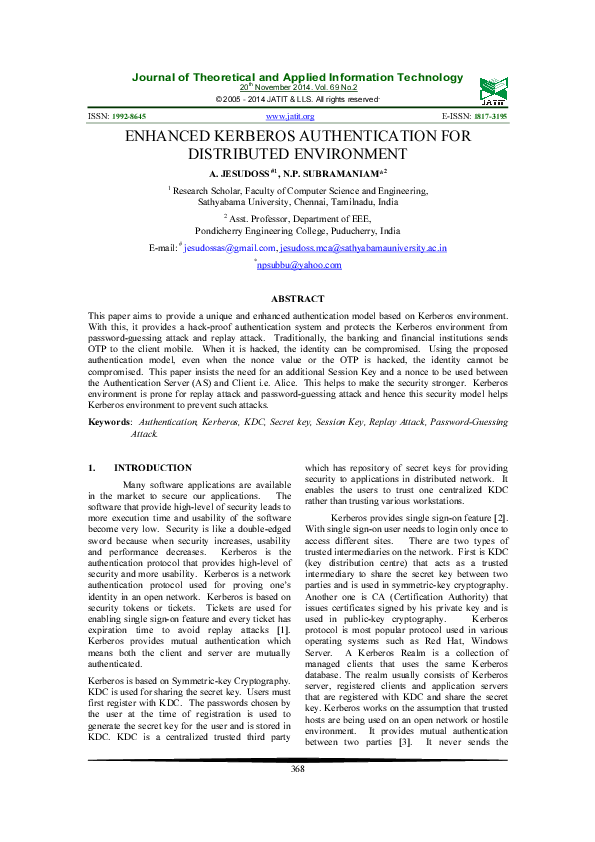 (PDF) Enhanced Kerberos Authentication for Distributed Environment