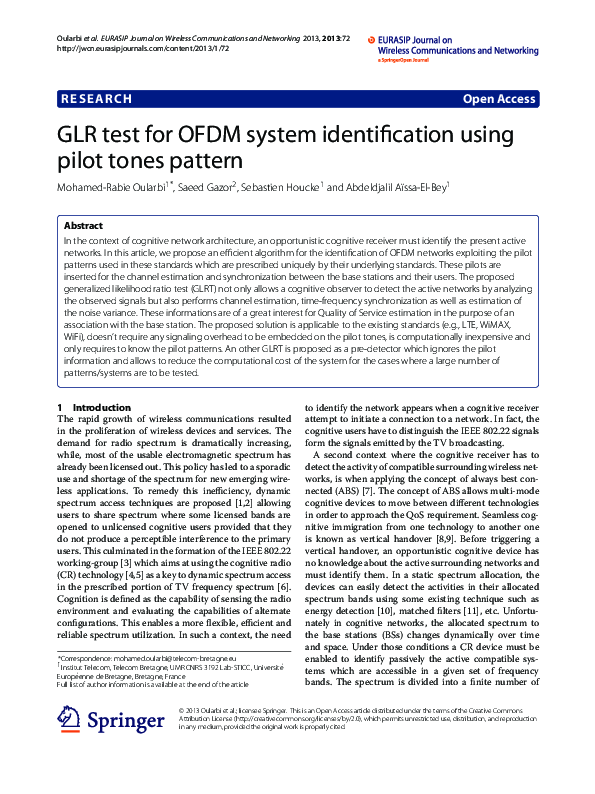 (PDF) GLR test for OFDM system identification using pilot tones pattern