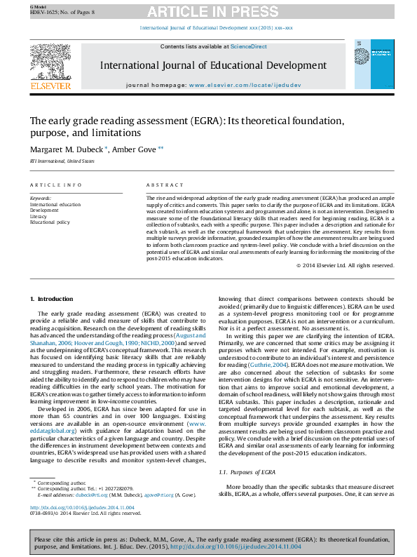 (PDF) The early grade reading assessment (EGRA) Its theoretical