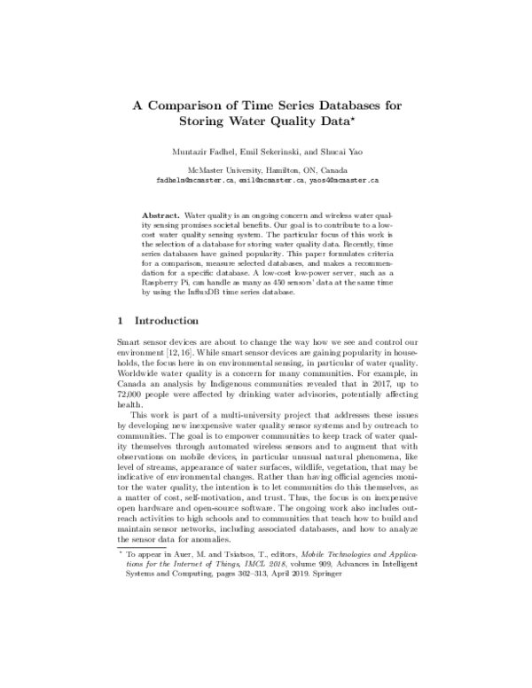 (PDF) A Comparison of Time Series Databases for Storing Water Quality Data