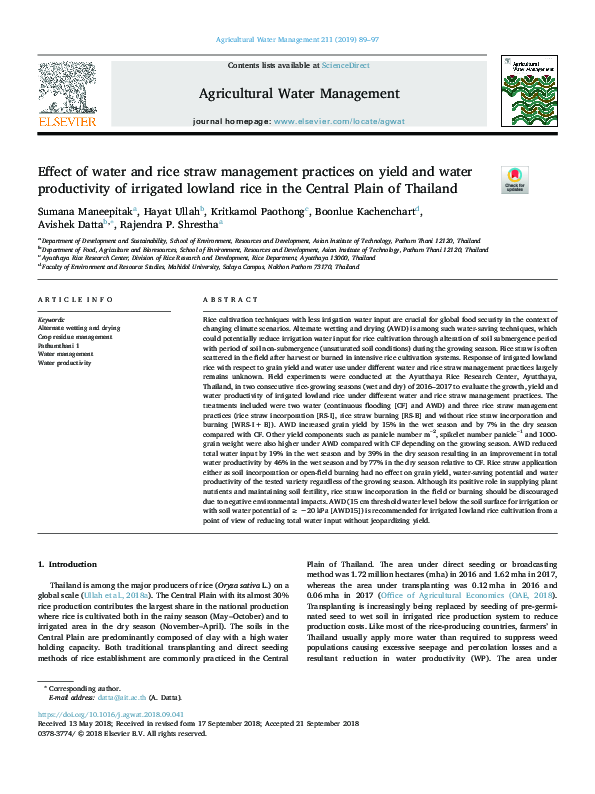 (PDF) Effect of water and rice straw management practices on yield and ...