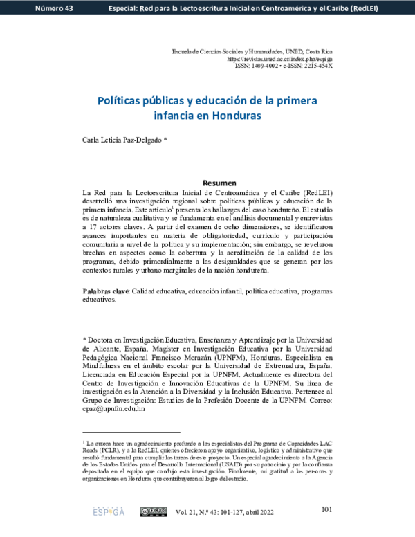 (PDF) Políticas públicas y educación de la primera infancia en Honduras