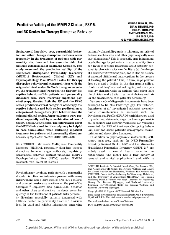 (PDF) Predictive Validity of the MMPI-2 Clinical, PSY-5, and RC Scales ...