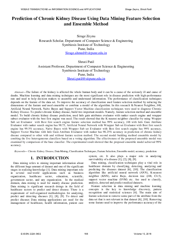 (PDF) Prediction of Chronic Kidney Disease using Data Mining Feature ...