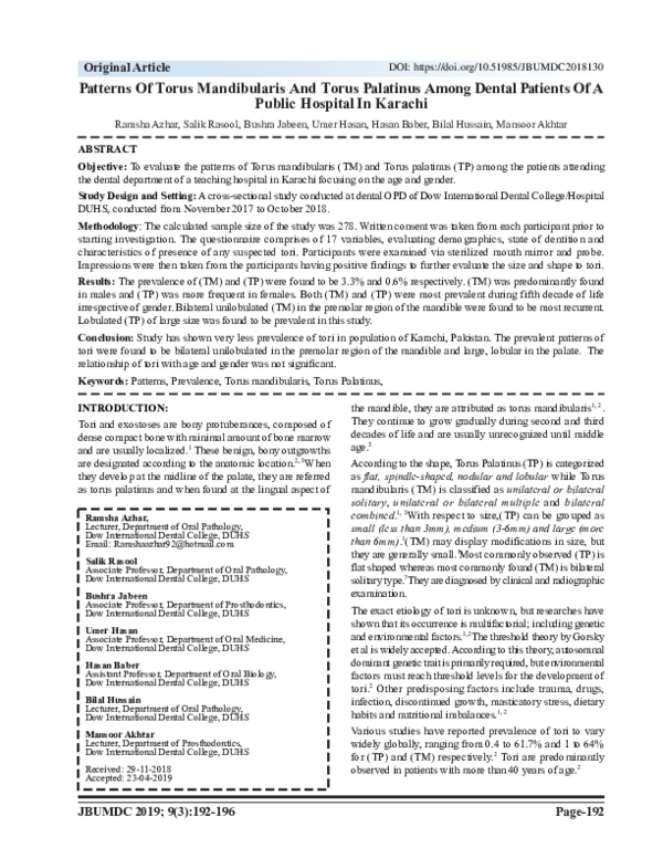 (PDF) Patterns Of Torus Mandibularis And Torus Palatinus Among Dental ...