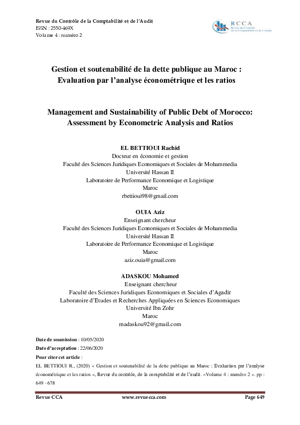 (PDF) Gestion et soutenabilité de la dette publique au Maroc ...