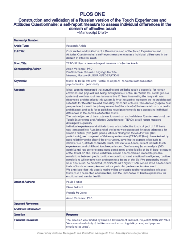 (PDF) Construction and validation of a Russian version of the Touch ...