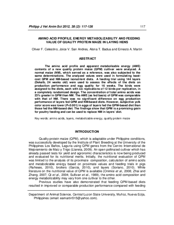 (PDF) Amino Acid Profile, Energy Metabolizability and Feeding Value of