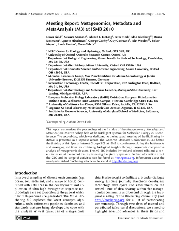 (PDF) Meeting Report: Metagenomics, Metadata and MetaAnalysis (M3) at ...