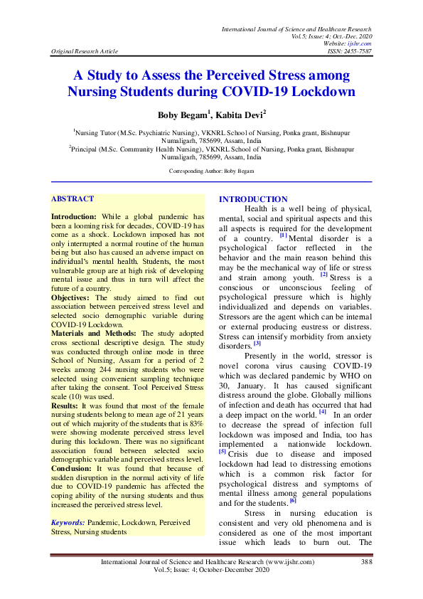 (PDF) A Study to Assess the Perceived Stress among Nursing Students ...