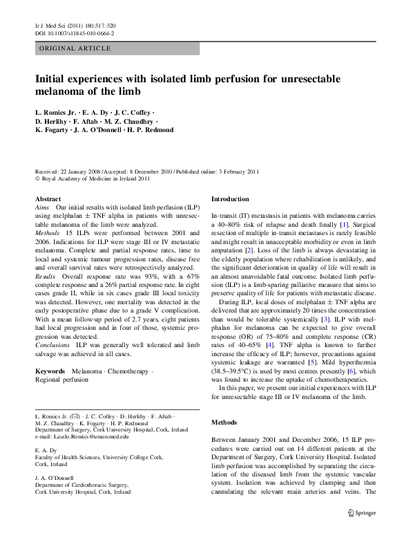 (PDF) Initial experiences with isolated limb perfusion for unresectable ...