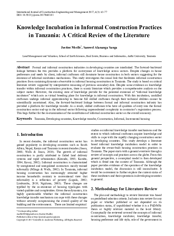 (PDF) Knowledge Incubation in Informal Construction Practices in ...