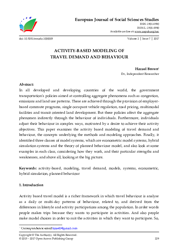 (PDF) Activity-Based Modeling of Travel Demand and Behaviour