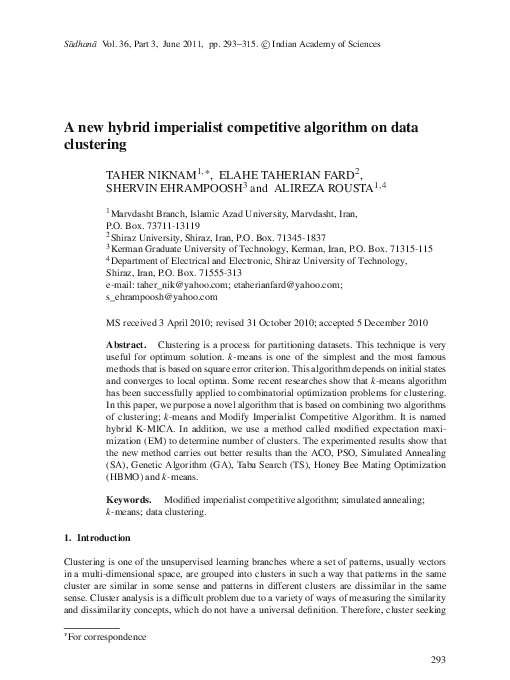 (PDF) A new hybrid imperialist competitive algorithm on data clustering