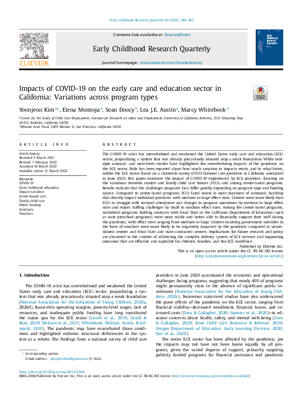 (PDF) Impacts of COVID-19 on the early care and education sector in ...