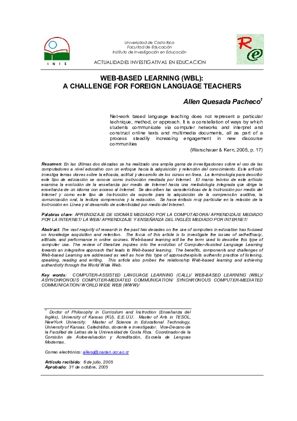 (PDF) Web-Based Learning (WBL): a challenge for foreign languaje teachers