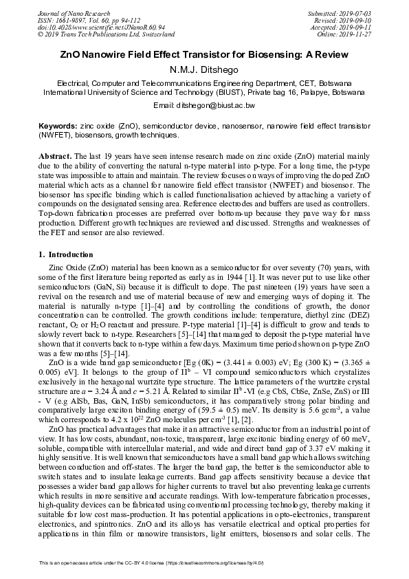 (PDF) ZnO Nanowire Field Effect Transistor for Biosensing: A Review