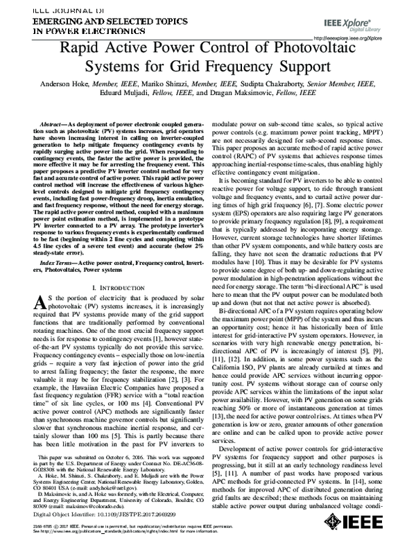 (PDF) Rapid Active Power Control of Photovoltaic Systems for Grid ...