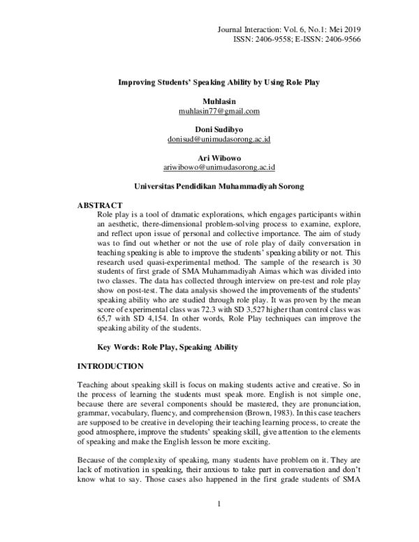 (PDF) Improving Students’ Speaking Ability by Using Role Play