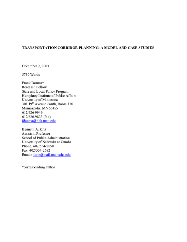 (PDF) Transportation Corridor Planning: A Model and Case Studies