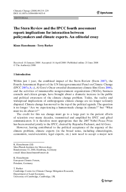 The Stern Review and the IPCC fourth assessment report: implications for interaction between policymakers and climate experts. An editorial essay