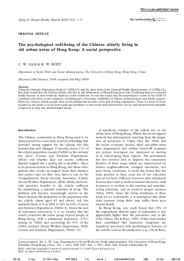 (PDF) The psychological well-being of the Chinese elderly living in old ...