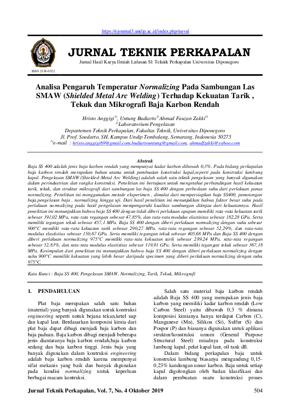 (PDF) Analisa Pengaruh Temperatur Normalizing Pada Sambungan Las SMAW ...