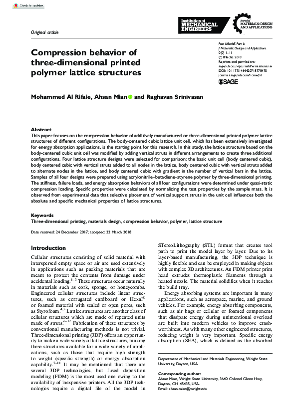(PDF) Compression behavior of three-dimensional printed polymer lattice ...