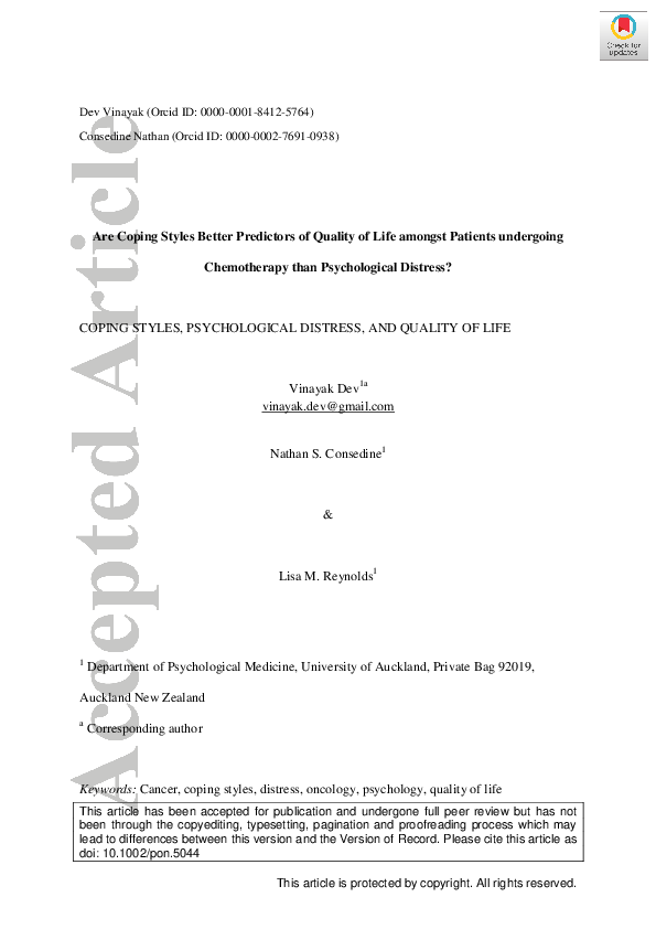 (PDF) Are Coping Styles Better Predictors of Quality of Life amongst ...